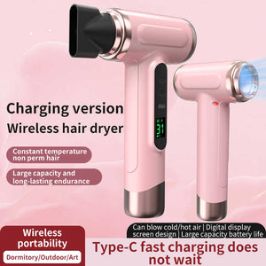White Wireless Hair Dryer | Cold & Hot Air | Portable Rechargeable Ionic Dryer | Fast-Drying | Lightweight for Home & Travel