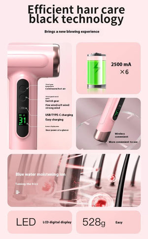 White Wireless Hair Dryer | Cold & Hot Air | Portable Rechargeable Ionic Dryer | Fast-Drying | Lightweight for Home & Travel