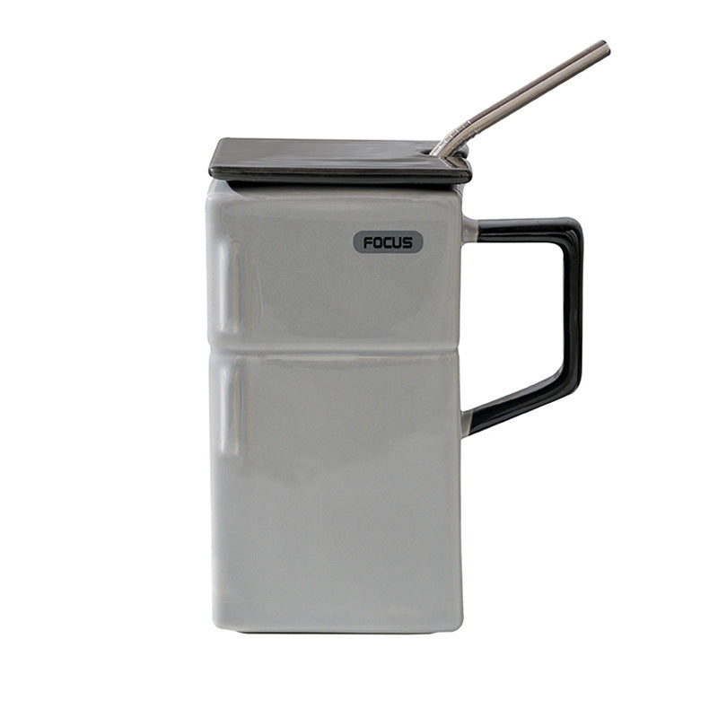 Grey Retro Refrigerator Ceramic Mug with Lid and Straw | 550ml Coffee Cup | Unique Gift for Couples or Office Use