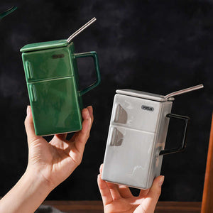 Grey Retro Refrigerator Ceramic Mug with Lid and Straw | 550ml Coffee Cup | Unique Gift for Couples or Office Use