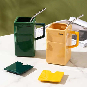 Grey Retro Refrigerator Ceramic Mug with Lid and Straw | 550ml Coffee Cup | Unique Gift for Couples or Office Use