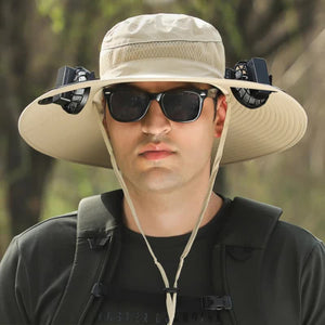 Khaki Solar-Powered Cooling Wide Brim Hat | USB Rechargeable | Dual Fan Fisherman Cap | UPF50+ | Quick-Dry