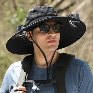 Black Solar-Powered Cooling Wide Brim Hat | USB Rechargeable | Dual Fan Fisherman Cap | UPF50+ | Quick-Dry