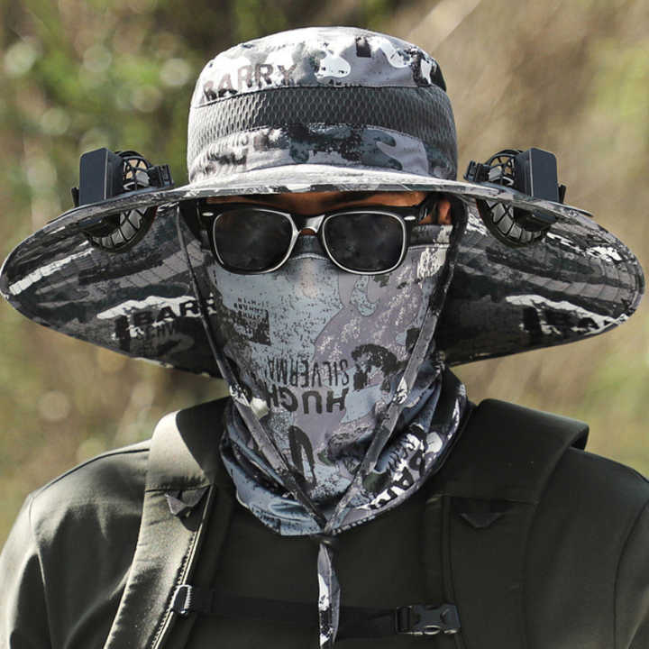 Black Solar-Powered Cooling Wide Brim Hat | USB Rechargeable | Dual Fan Fisherman Cap | UPF50+ | Quick-Dry