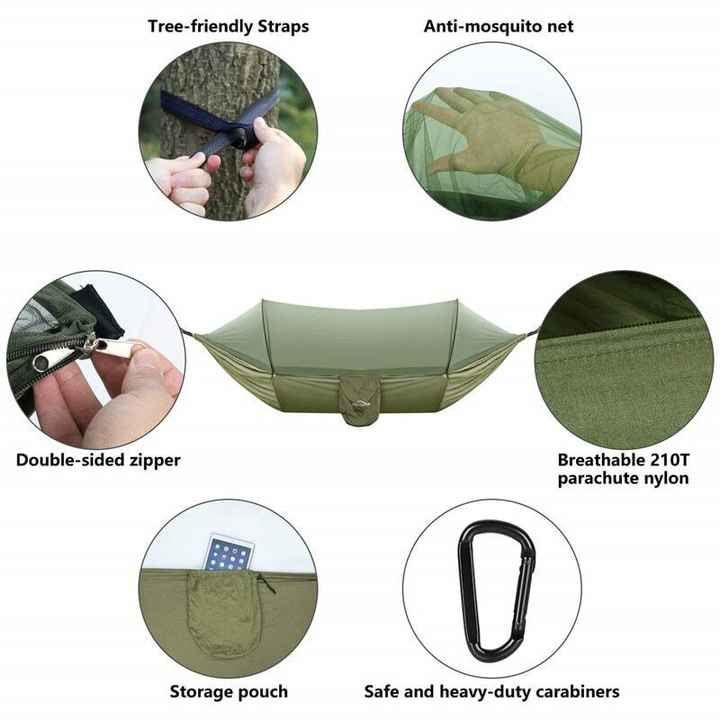 Automatic Pop-Up Mosquito Net Hammock | Dark Green | 200kg Load Capacity | Lightweight Outdoor Camping Gear | Quick Setup & Durable Design