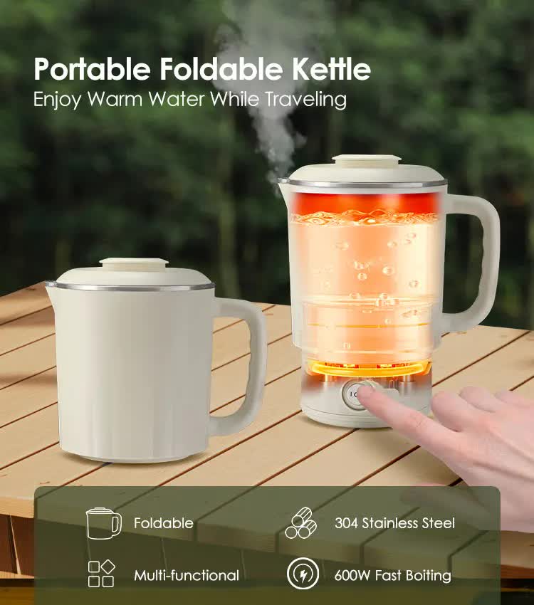 White Portable Foldable Travel Electric Kettle | 304 Stainless Steel | Electric Water Boiler