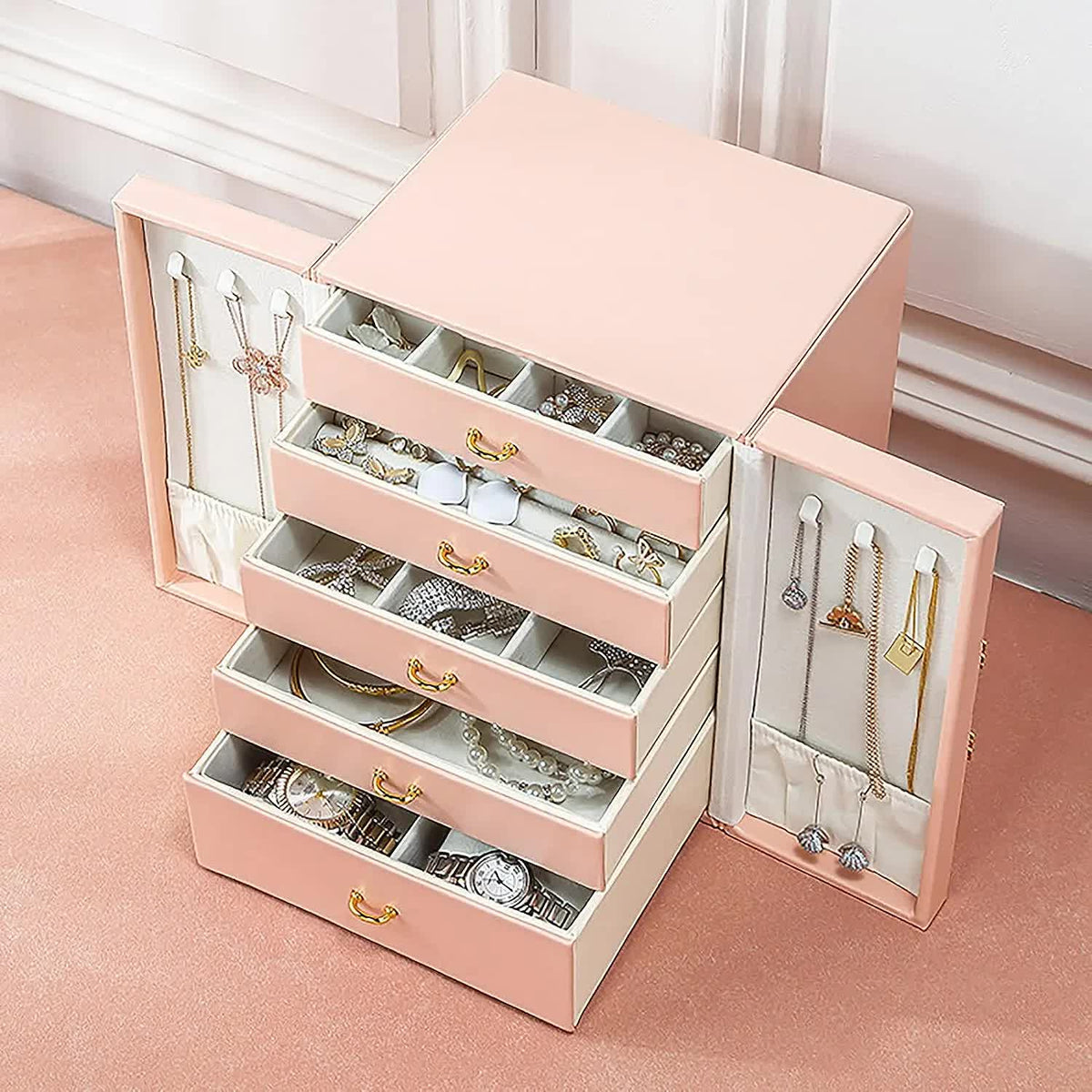 Pink Elegant Jewelry Storage Box | 5-Layer Large Capacity | Dual Opening Doors | Organize Necklaces, Rings, Earrings