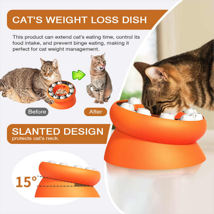 Orange Interactive Slow Feeder Cat Bowl | 15° Tilt Design | Puzzle Feeder for Healthy Eating