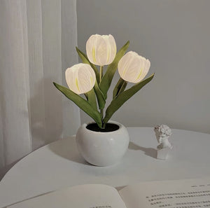 White Flowers USB Tulip Night Light | Bedroom Decor Table Lamp with PU Flowers & Ceramic Pot | Perfect Gift for Family & Friends