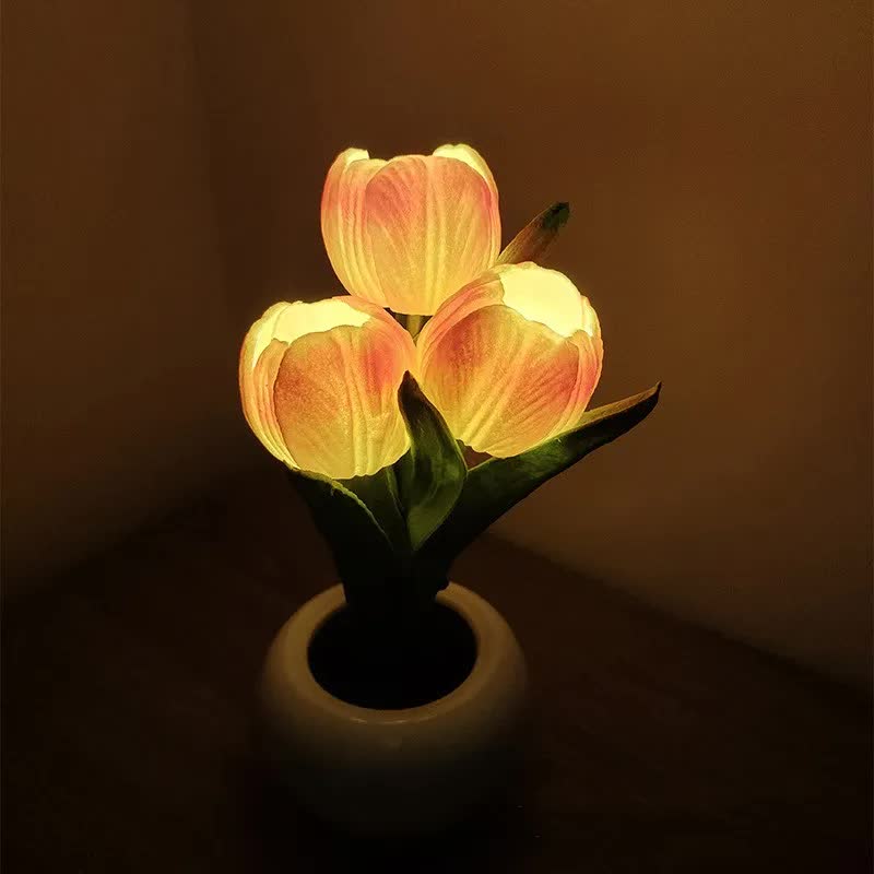 Orange Flowers USB Tulip Night Light | Bedroom Decor Table Lamp with PU Flowers & Ceramic Pot | Perfect Gift for Family & Friends