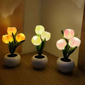 Orange Flowers USB Tulip Night Light | Bedroom Decor Table Lamp with PU Flowers & Ceramic Pot | Perfect Gift for Family & Friends