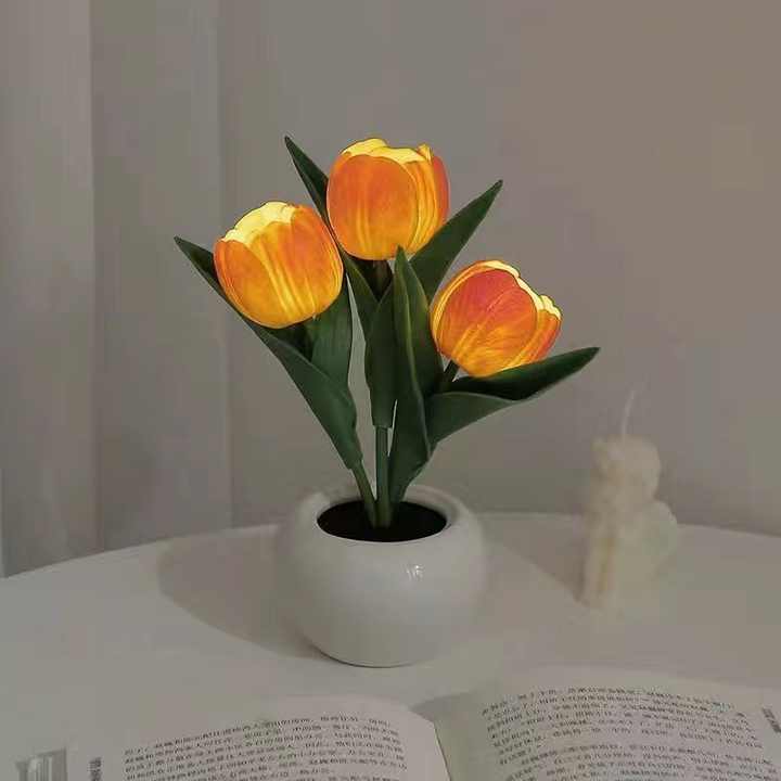 Orange Flowers USB Tulip Night Light | Bedroom Decor Table Lamp with PU Flowers & Ceramic Pot | Perfect Gift for Family & Friends