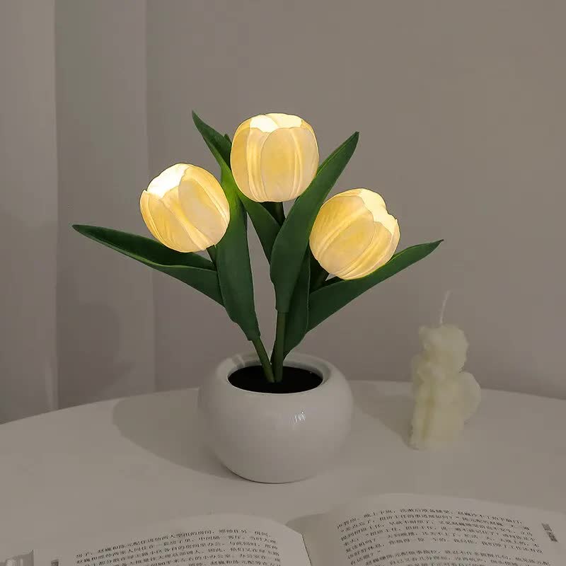Yellow Flowers USB Tulip Night Light | Bedroom Decor Table Lamp with PU Flowers & Ceramic Pot | Perfect Gift for Family & Friends