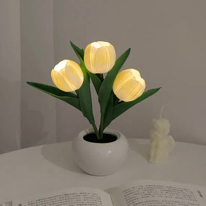 Yellow Flowers USB Tulip Night Light | Bedroom Decor Table Lamp with PU Flowers & Ceramic Pot | Perfect Gift for Family & Friends