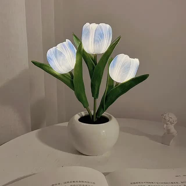 Blue Flowers USB Tulip Night Light | Bedroom Decor Table Lamp with PU Flowers & Ceramic Pot | Perfect Gift for Family & Friends