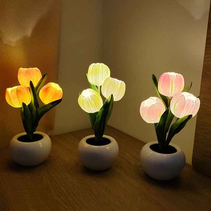 Blue Flowers USB Tulip Night Light | Bedroom Decor Table Lamp with PU Flowers & Ceramic Pot | Perfect Gift for Family & Friends