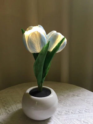 Blue Flowers USB Tulip Night Light | Bedroom Decor Table Lamp with PU Flowers & Ceramic Pot | Perfect Gift for Family & Friends