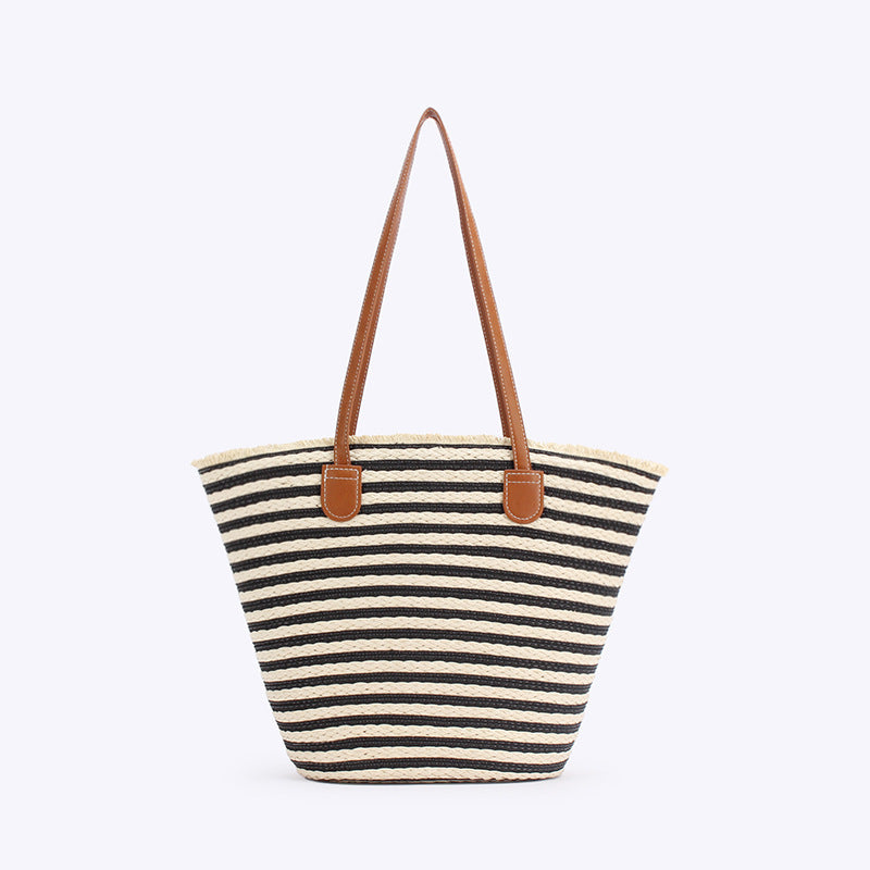 Black & White Striped Beach Tote Bag | Handmade Large Capacity | Zipper & Inner Pocket | Stylish Summer Shoulder Bag