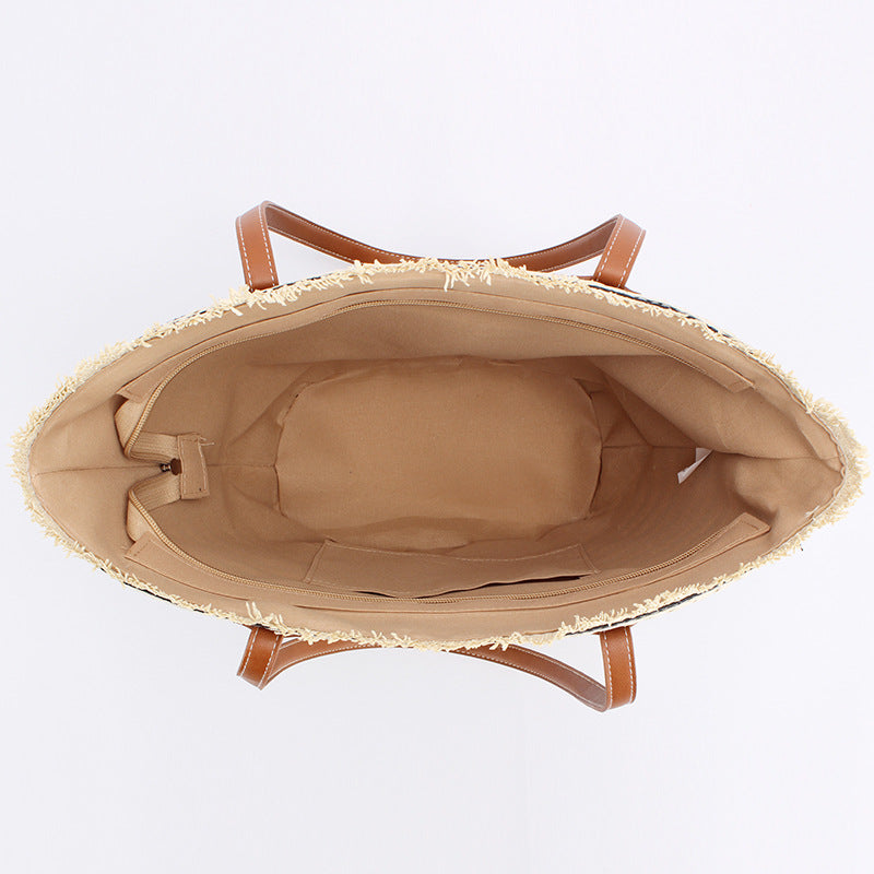 Black & White Striped Beach Tote Bag | Handmade Large Capacity | Zipper & Inner Pocket | Stylish Summer Shoulder Bag