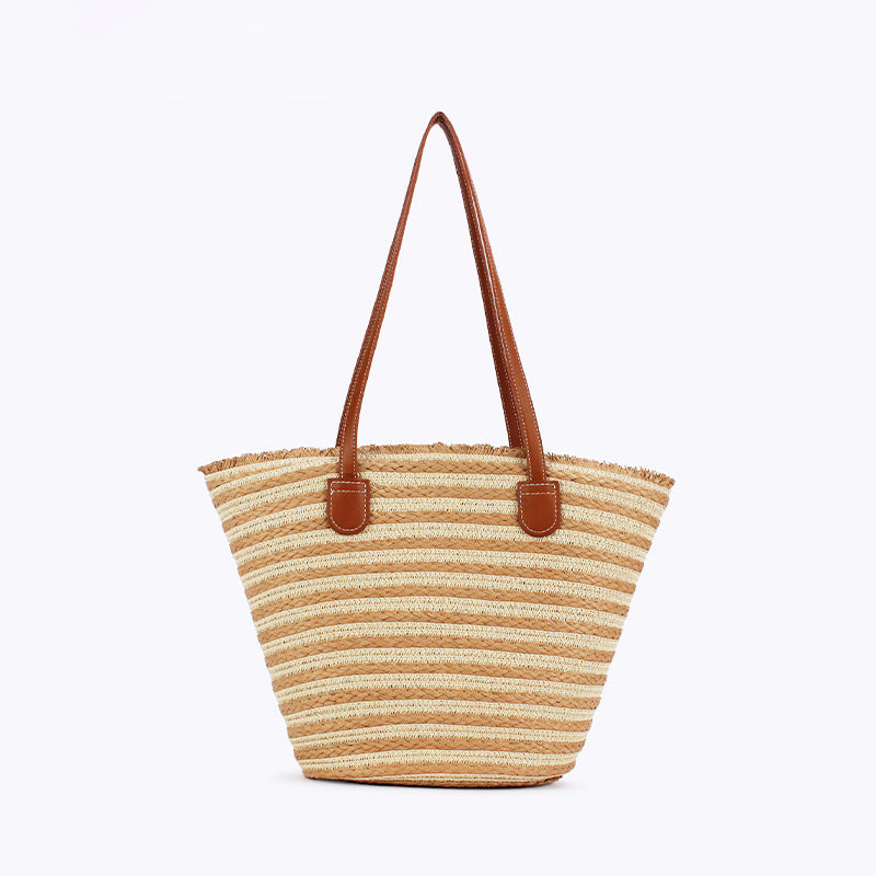 White & Yellow Striped Beach Tote Bag | Handmade Large Capacity | Zipper & Inner Pocket | Summer Woven Shoulder Bag for Women