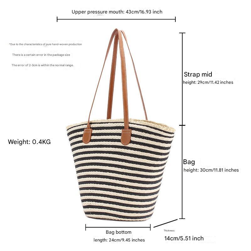 White & Yellow Striped Beach Tote Bag | Handmade Large Capacity | Zipper & Inner Pocket | Summer Woven Shoulder Bag for Women