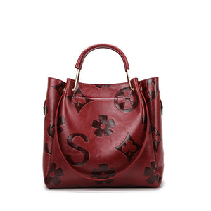 Dark Red Elegant Embossed PU Leather Tote Bag for Women | Large Capacity Handbag | Inner Pouch