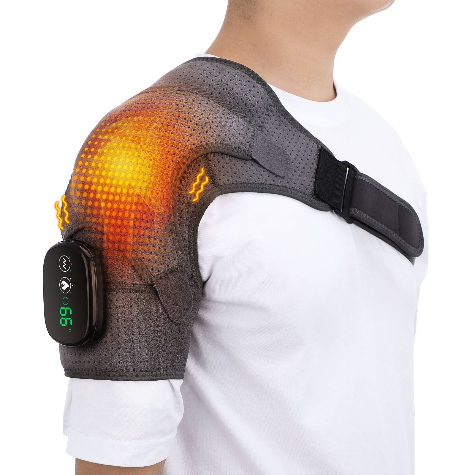 Gray Rechargeable Heated Shoulder Massager | LED Display | Adjustable Compression Wrap | Pain Relief