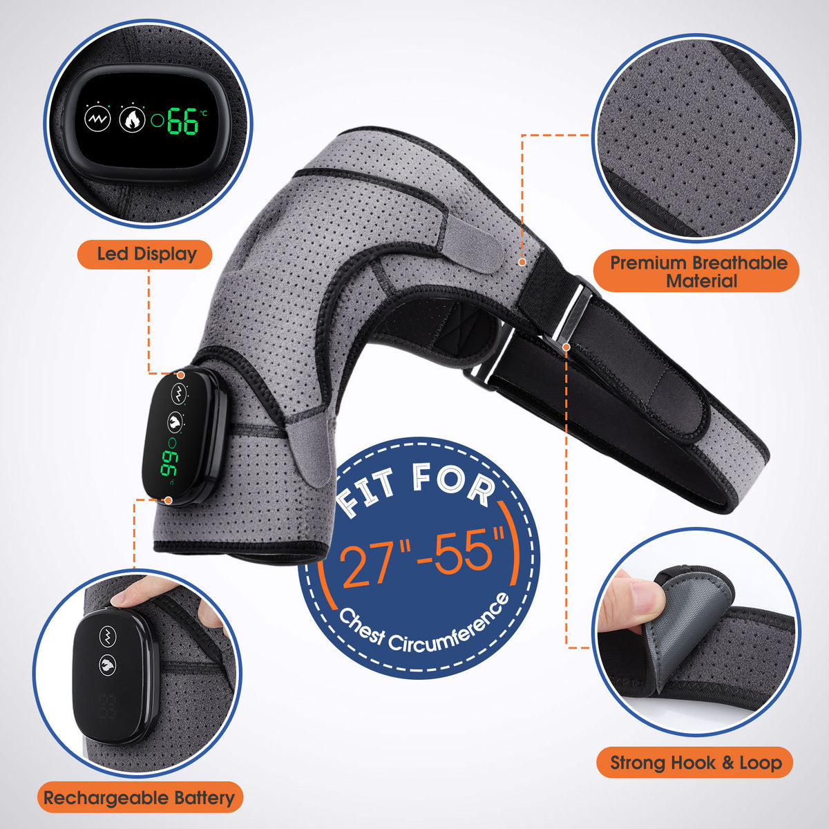 Black Rechargeable Heated Shoulder Massager | LED Display | Adjustable Compression Wrap | Pain Relief