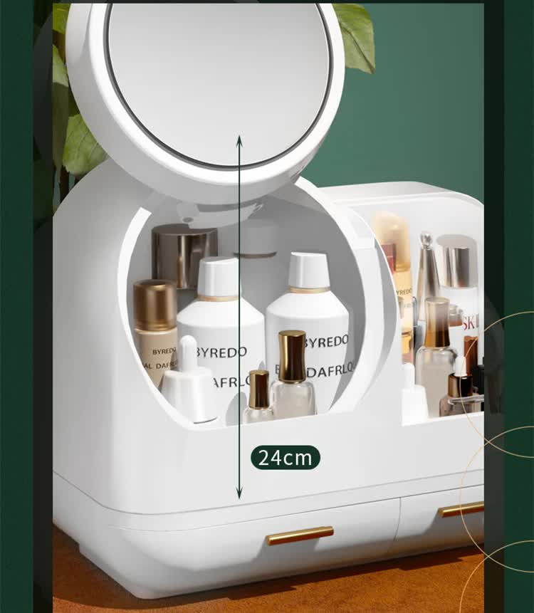 Ivory White LED Vanity Makeup Organizer | Partition Storage & Touch-Control Mirror | Large Capacity Cosmetic Box