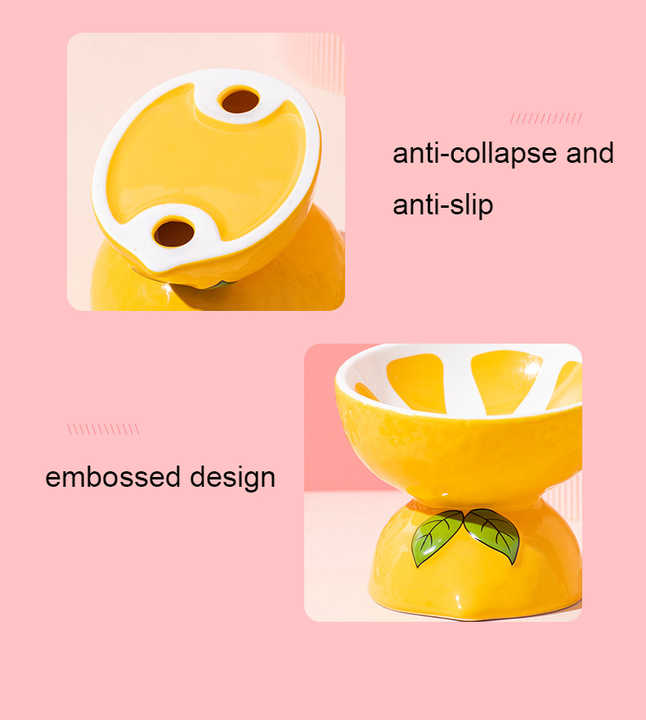 Ceramic Elevated Pet Food Bowl | Cute Lemon Pattern Design | For Cats & Small Dogs