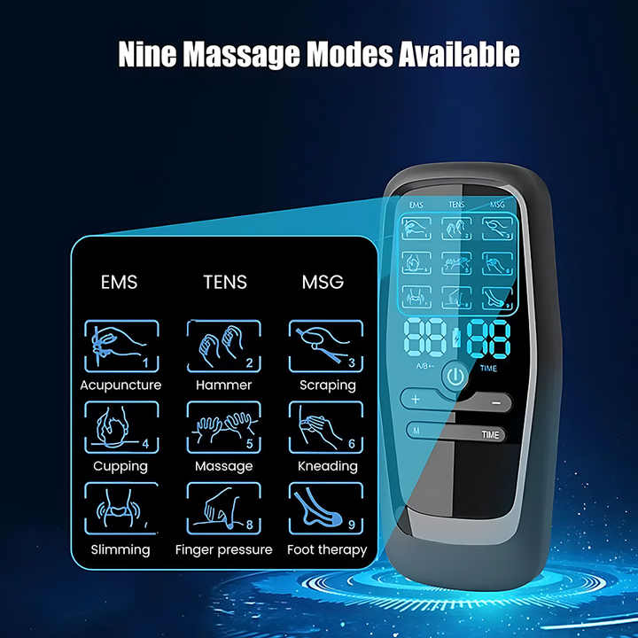 Dual Output EMS/TENS Massage Device | 9 Modes | Type-C Charging | 8 Adhesive Pads