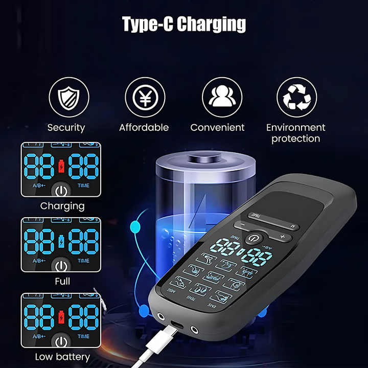 Dual Output EMS/TENS Massage Device | 9 Modes | Type-C Charging | 8 Adhesive Pads