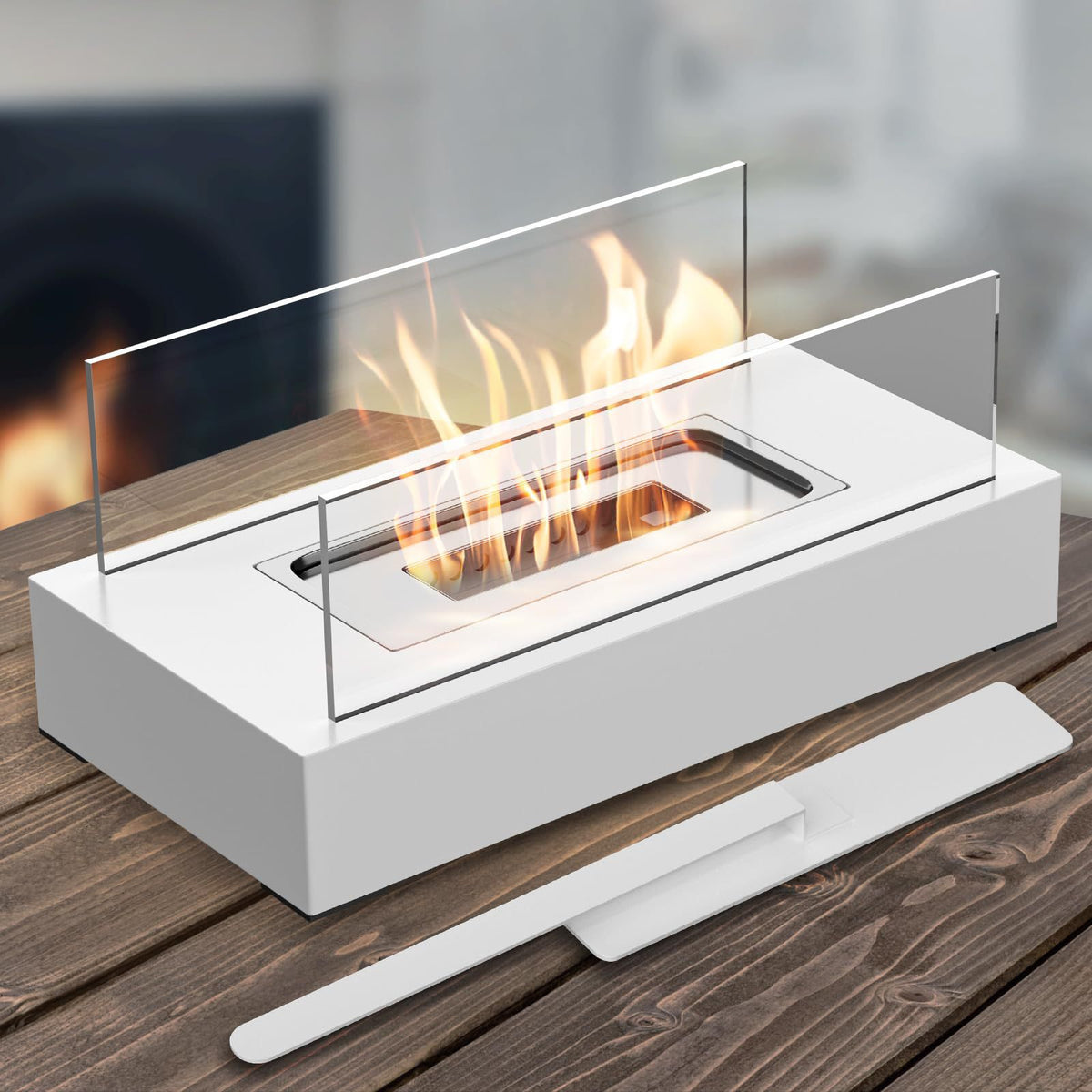 Portable Tabletop Bioethanol Fireplace | White Rectangular Design | Glass Shields