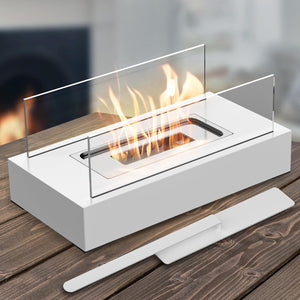 Portable Tabletop Bioethanol Fireplace | White Rectangular Design | Glass Shields