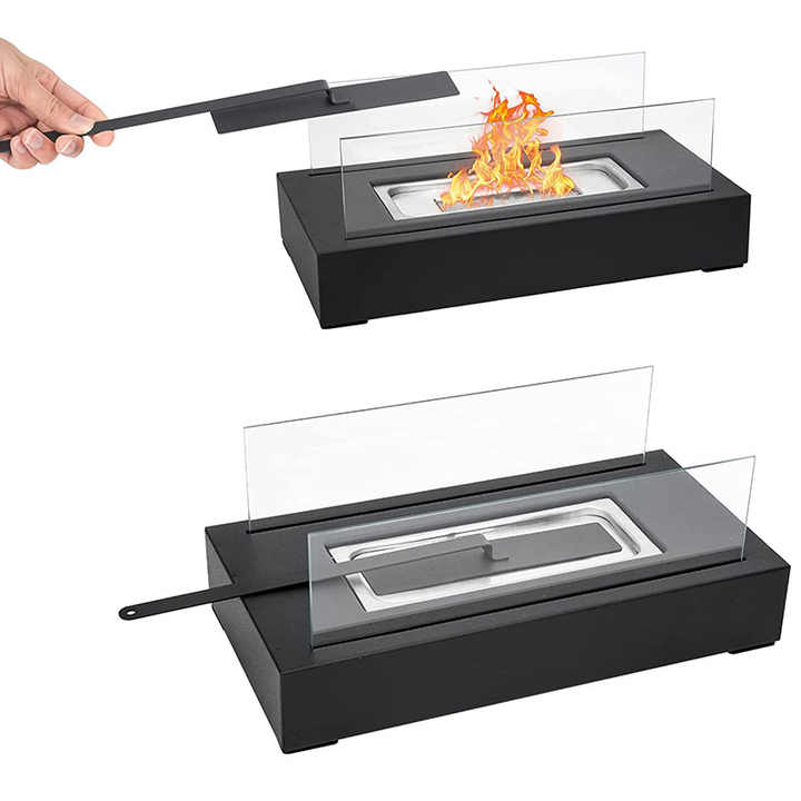 Portable Tabletop Bioethanol Fireplace | White Rectangular Design | Glass Shields