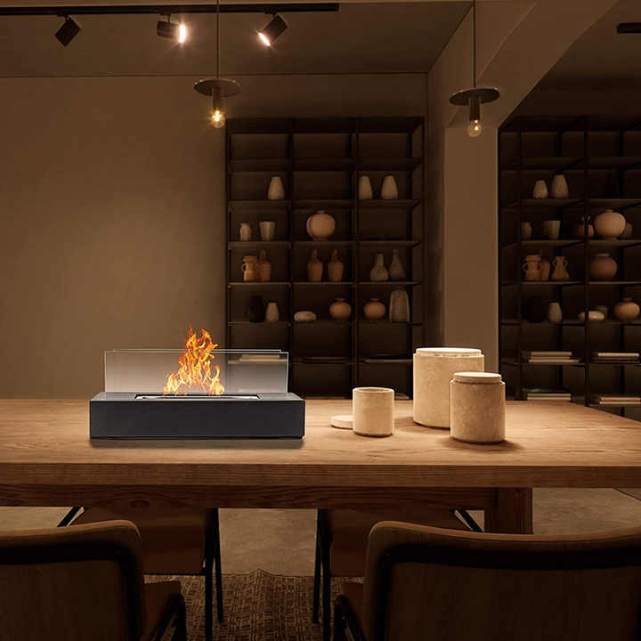 Portable Tabletop Bioethanol Fireplace | White Rectangular Design | Glass Shields