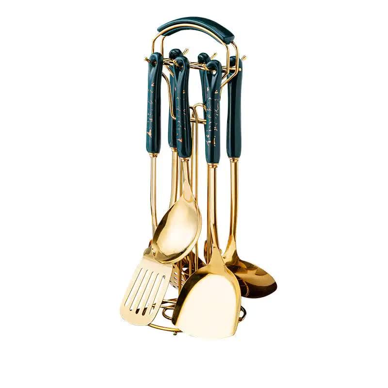 Dark Green Gold Stainless Steel Kitchen Utensil Set | 7-Piece Golden Cooking Tools with Stand