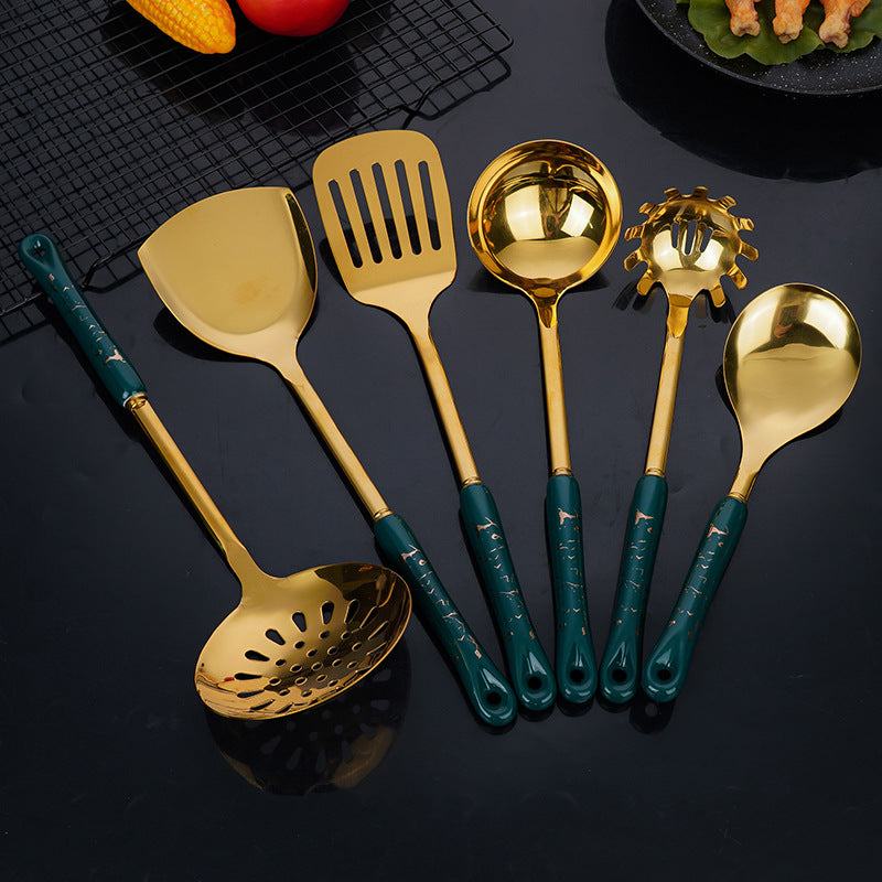 Dark Green Gold Stainless Steel Kitchen Utensil Set | 7-Piece Golden Cooking Tools with Stand