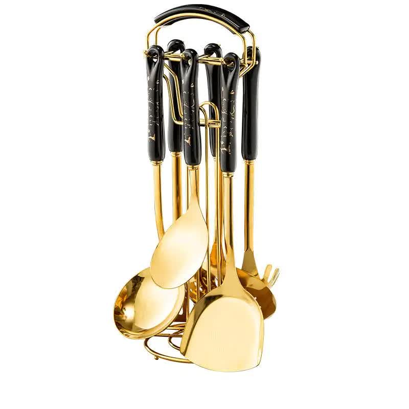 Black Gold Stainless Steel Kitchen Utensil Set | 7-Piece Golden Cooking Tools with Stand