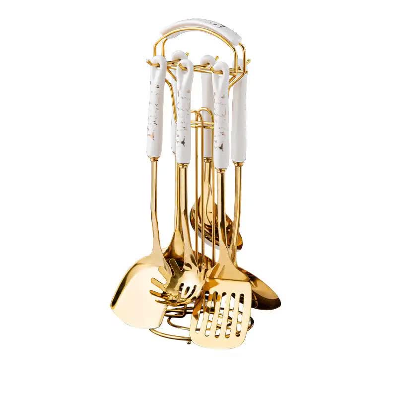 White Gold Stainless Steel Kitchen Utensil Set | 7-Piece Golden Cooking Tools with Stand