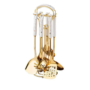 White Gold Stainless Steel Kitchen Utensil Set | 7-Piece Golden Cooking Tools with Stand