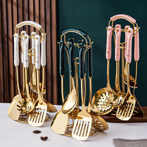 White Gold Stainless Steel Kitchen Utensil Set | 7-Piece Golden Cooking Tools with Stand