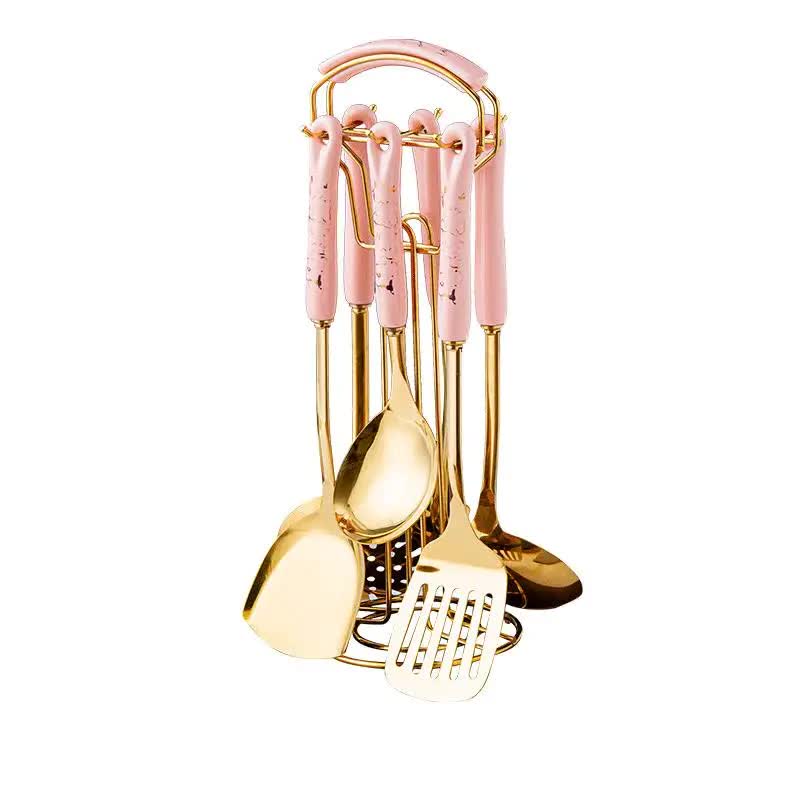 Pink Gold Stainless Steel Kitchen Utensil Set | 7-Piece Golden Cooking Tools with Stand