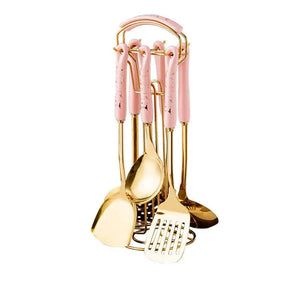 Pink Gold Stainless Steel Kitchen Utensil Set | 7-Piece Golden Cooking Tools with Stand