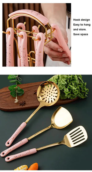 Pink Gold Stainless Steel Kitchen Utensil Set | 7-Piece Golden Cooking Tools with Stand