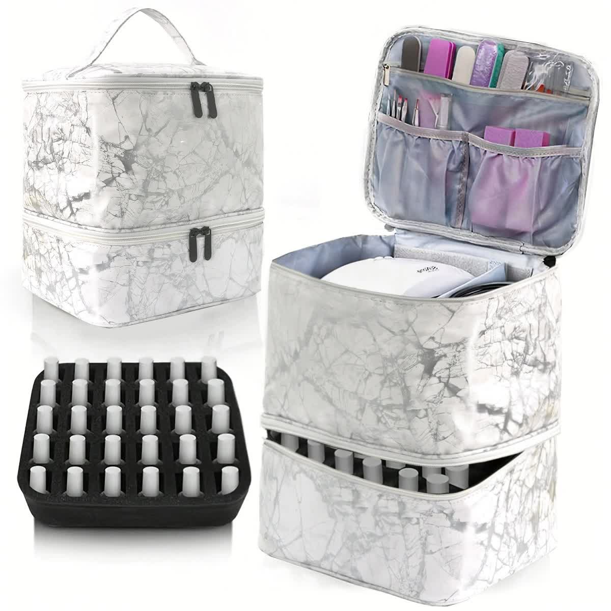 White Marble Double-Layer PU Nail Polish Storage Case | High Capacity for Essential Oils & Nail Lamp | Portable & Adjustable