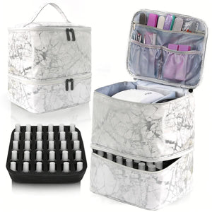 White Marble Double-Layer PU Nail Polish Storage Case | High Capacity for Essential Oils & Nail Lamp | Portable & Adjustable