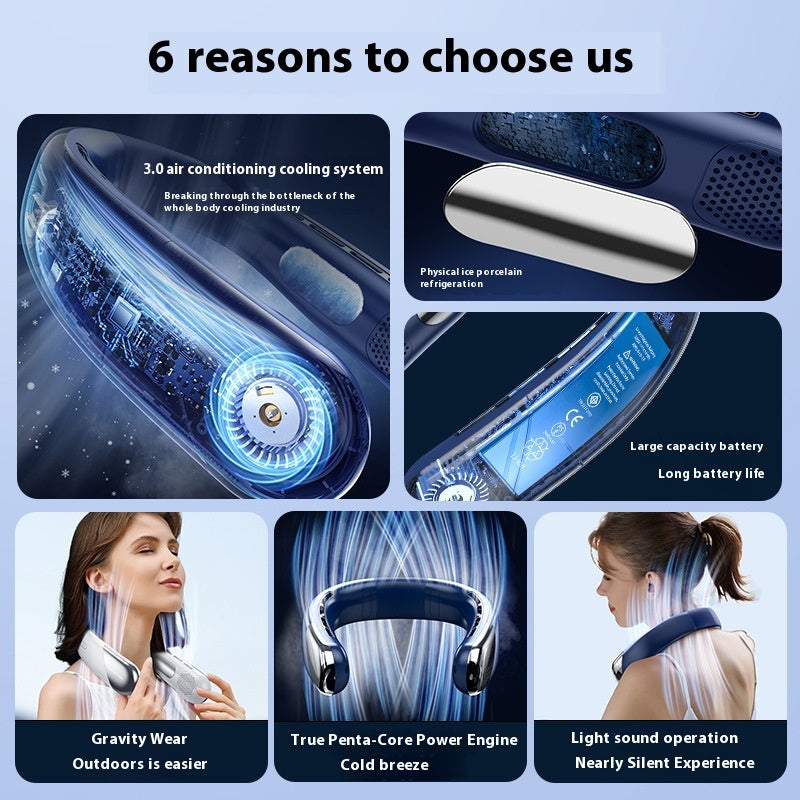 Rechargeable Neck Fan with Digital Display | Blue | 2400mAh | Adjustable Speed | Wearable Cooling