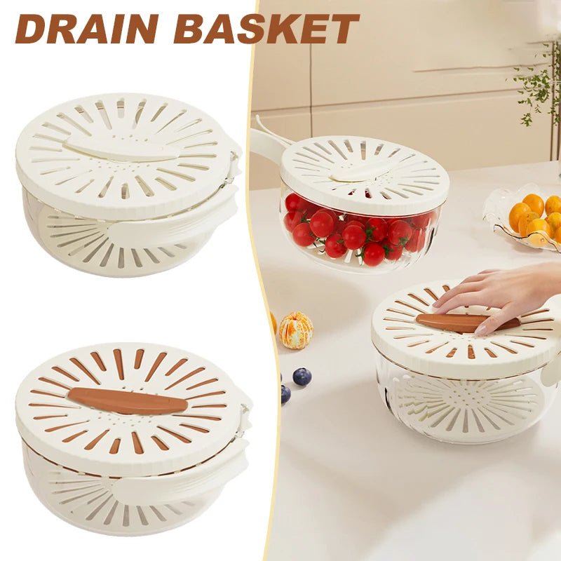 Double-Layer Fruit & Vegetable Drain Basket | 2PCS | Brown | Collapsible Kitchen Strainer with Handle