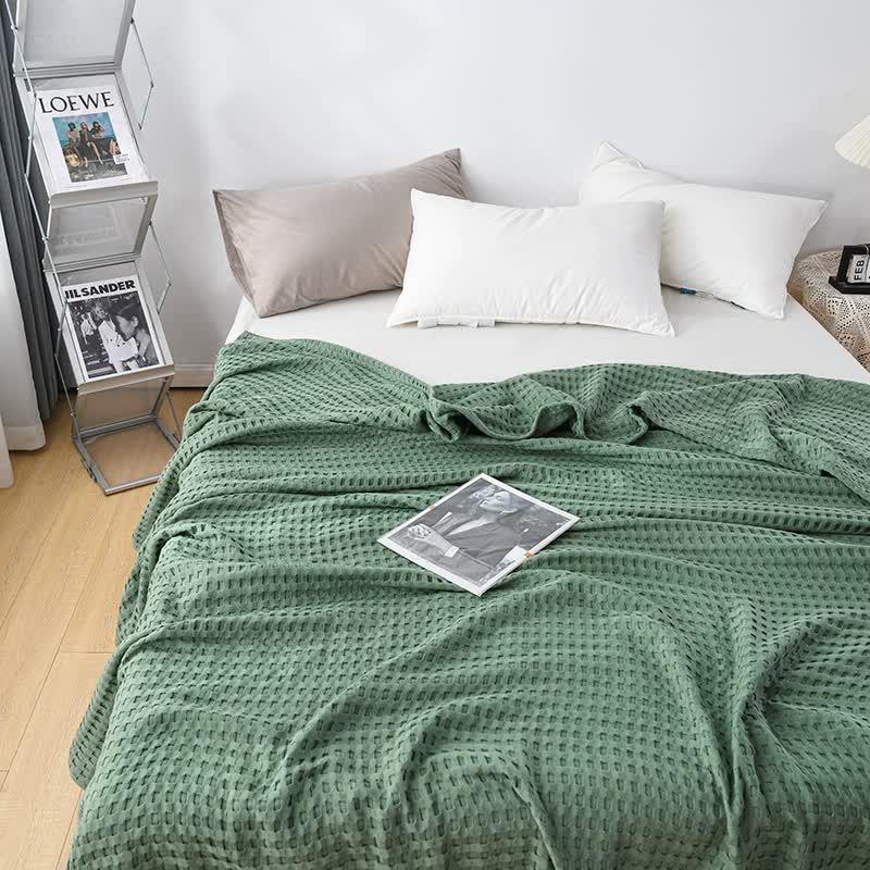 Cotton Waffle Blanket | 200x230cm | Cooling & Lightweight Throw Blanket | Green